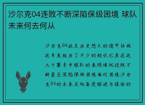 沙尔克04连败不断深陷保级困境 球队未来何去何从
